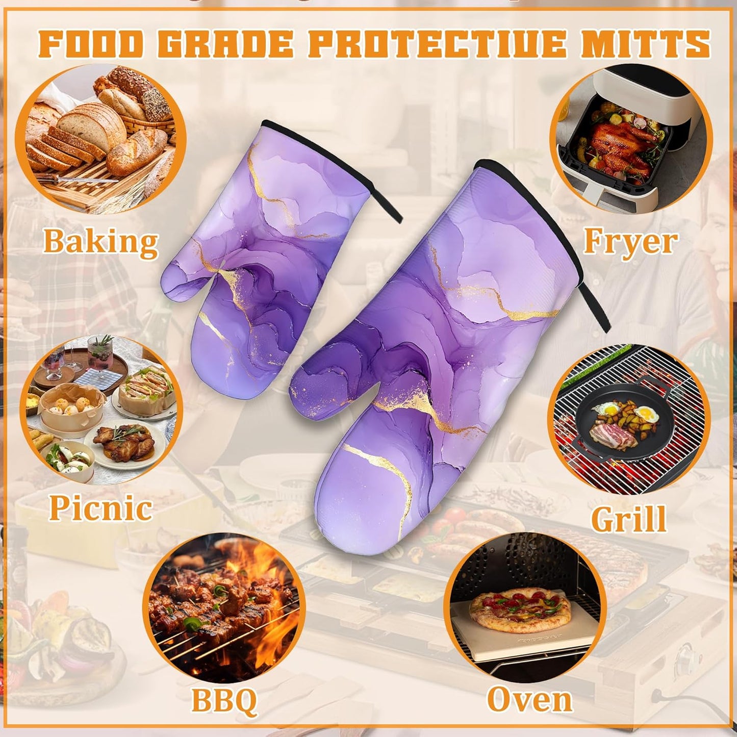 Marble Oven Mitts and Pot Holders Set,Purple Gold Marble Kitchen Decor Heat Resistant Non Slip Hot Pads and Oven Mitt for Chef Cooking Baking BBQ Mom Girl Gifts(4 Piece Set)
