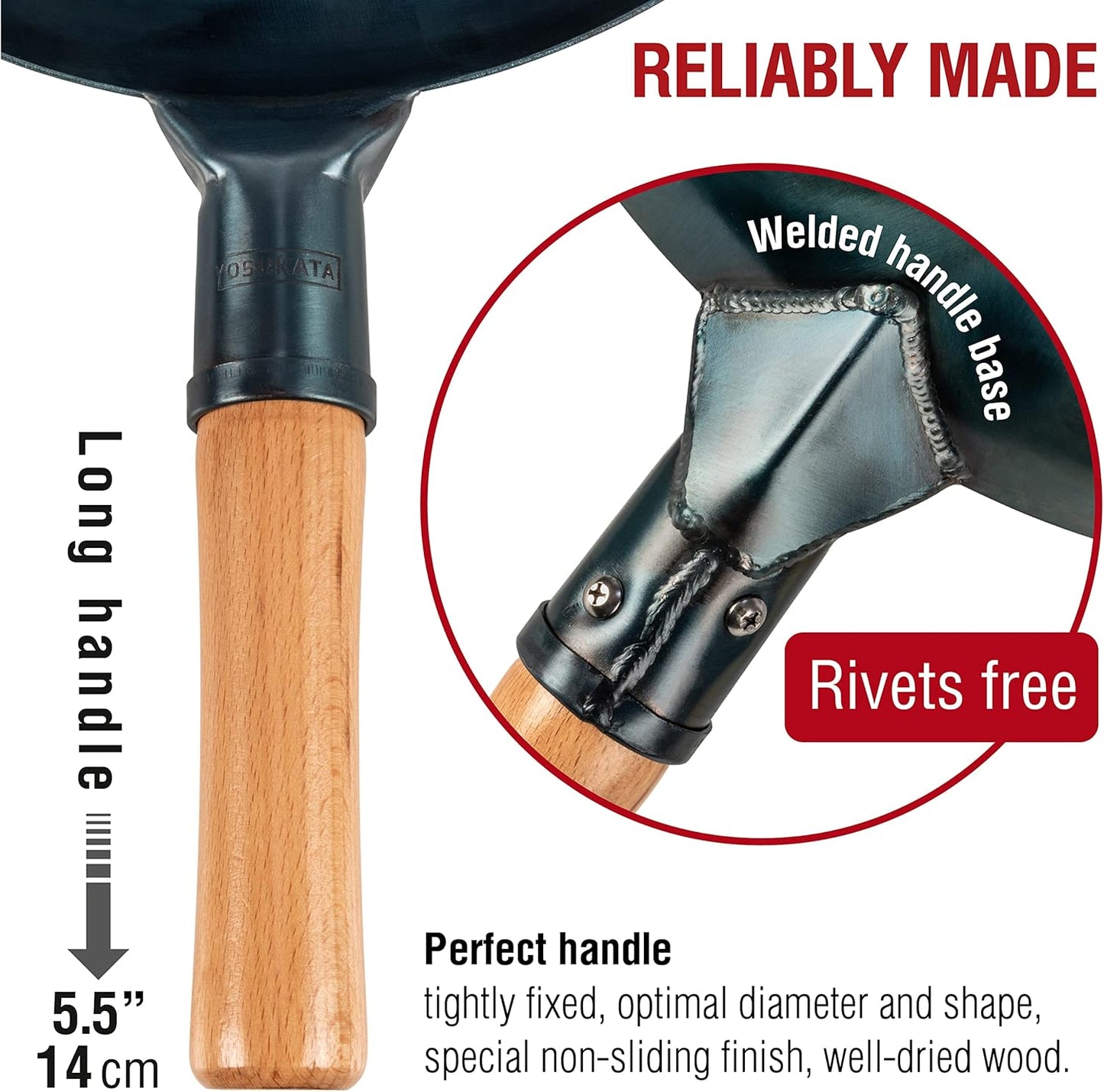 YOSUKATA 13.5” Blue Carbon Steel Wok Pan – Pre-Seasoned Flat Bottom Wok Compatible with open fire, gas, electric, ceramic, induction cooktops -Traditional Chinese Pan for Stir Fry, BBQ, Grill, Camping