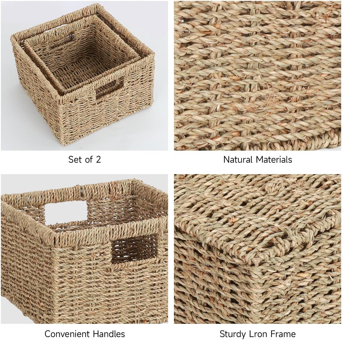 Wicker Storage Basket, Rectangular Seagrass Baskets with Handles, Handwoven Decorative Wicker Basket for Shelves, Bedroom, Set of 2, Large and Small (Natural Seagrass)