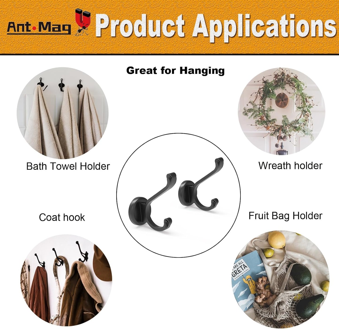 Ant Mag Magnetic Hooks Heavy Duty 140lbs Neodymium Magnet Wall Hooks for Hanging Coats Robes Backpacks Bags Hats Keys Mugs Cups Towels