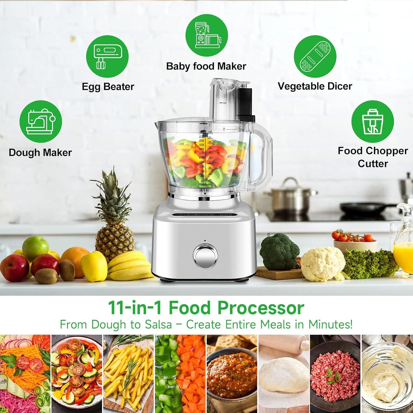 Homtone 16 Cup Food Processor Large, Aluminum-Diecast 11-In-1Food Processor with Whisk, 5 Preset Modes& Stepless Speed Control, 8 Blades for Shred, Slice, Chop, Knead, Dice, Fries Cut, 650W, Sliver
