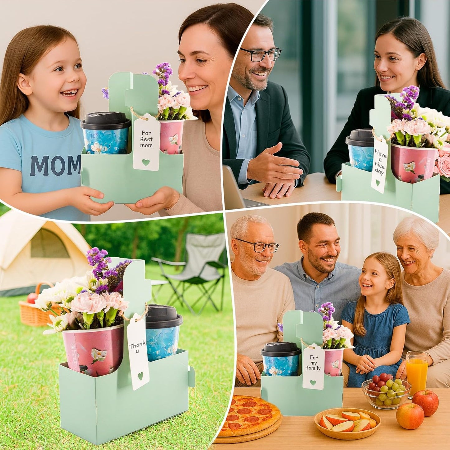 30 Pack 2 Cup Disposable Drink Carrier with Handle Paperboard Coffee Cup Holder Portable for Hot Cold Drinks Food Delivery Services with Heart Card for Teacher Appreciation Week Mother's Day