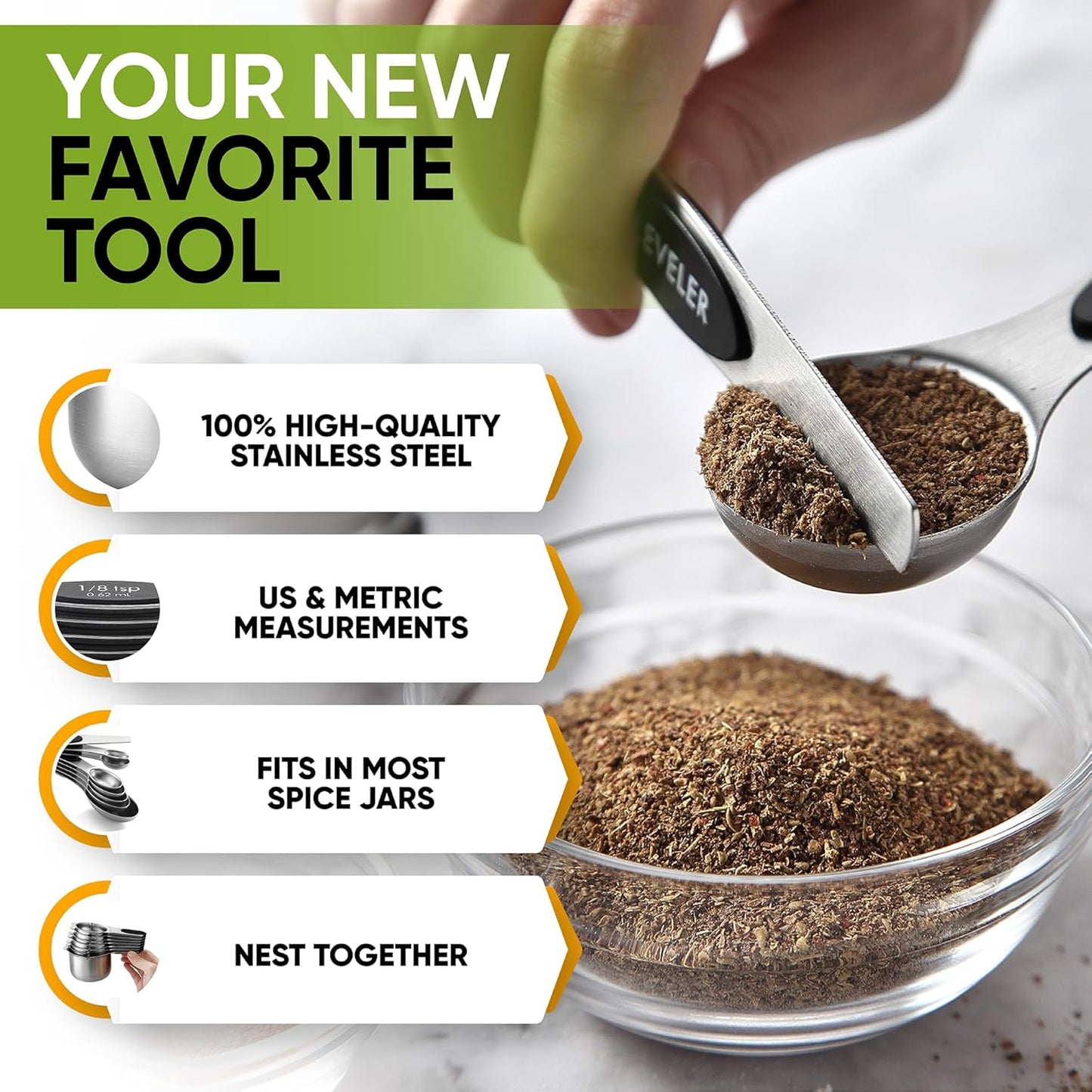 Spring Chef Magnetic Measuring Cups & Spoons Set (Patent Pending), Strong N45 Magnets, Heavy Duty Stainless Steel Fits in Spice Jars for Baking & Cooking, BPA Free, Round Set of 15 with Leveler, Black