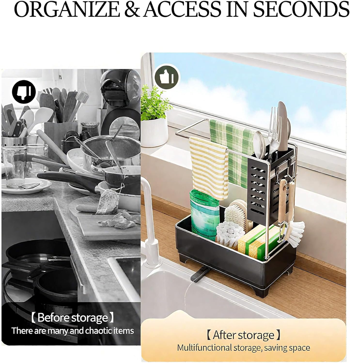 MOUKABAL Sponge Holder for Kitchen Sink, 2-Tier Sink Caddy Organizer with Drain Holes and Hooks, Holds Dishcloth, Sponge & Brushes, Kitchen Countertop Storage for New Home Essentials Grey