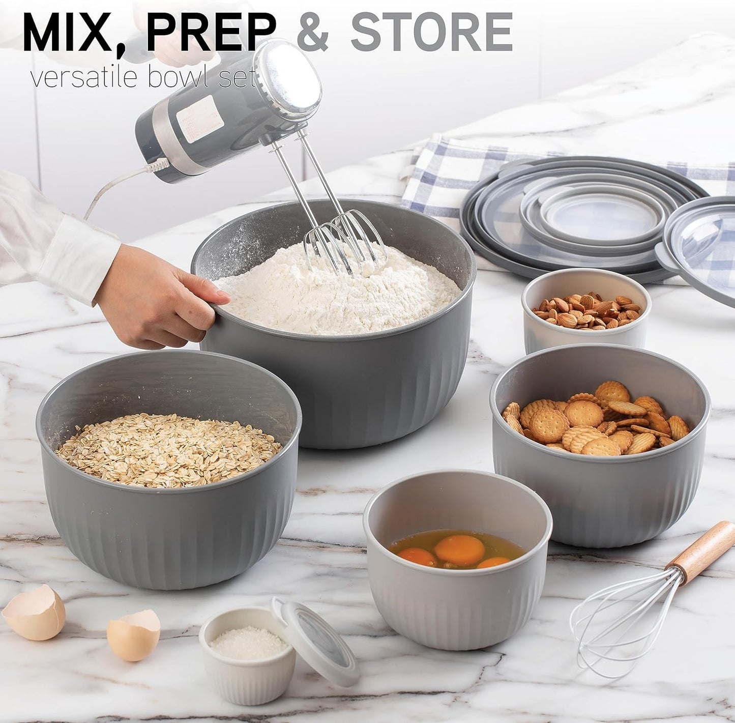 COOK WITH COLOR Prep Bowls with Lids- Wide and Deep Nesting Plastic Small Mixing Bowl Set with Lids, 12 Piece Set - Deep Bowls, Gray