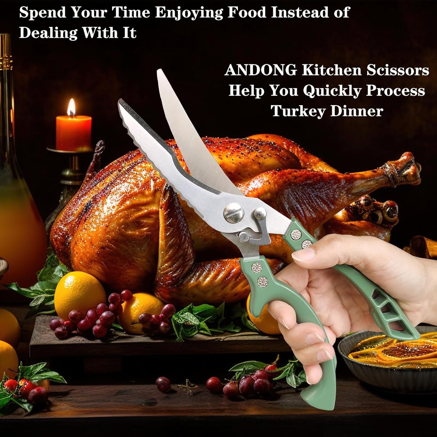 Poultry Shears Heavy Duty by ANDONG,All-Purpose Kitchen Scissors for Food,Heavy Duty Kitchen Shears for Food,Chicken Shears,Spatchcock Shears,Green