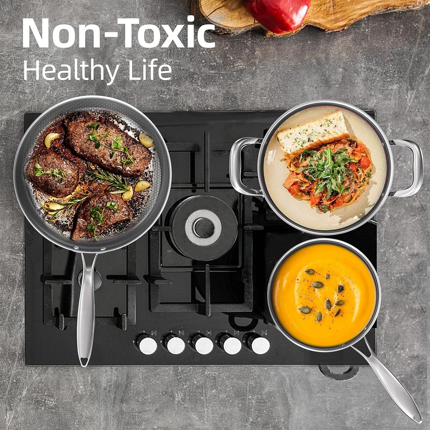 COOKER KING Non-toxic Frying Pans Set of 3 (8+10+12 Inch), Tri Ply Stainless Steel Pans, Induction Pan Set, Chef's Pan, Skillets Dishwasher & Oven Safe, Stay-Cool Handles, Compatible with All Cooktops