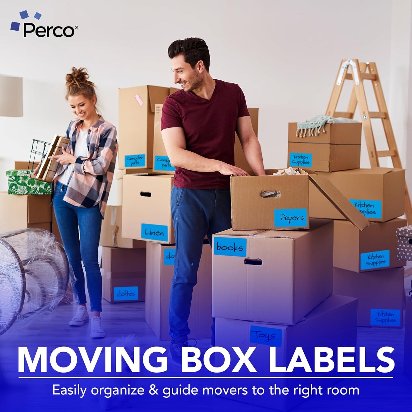 Perco Light Blue Labels 3x5 Inch 500 Stickers/Roll with Easy Peel Perforation and Strong Adhesion for Inventory Management, Color Coding, Moving Boxes, Retail, Organizing & Crafts – Made in USA