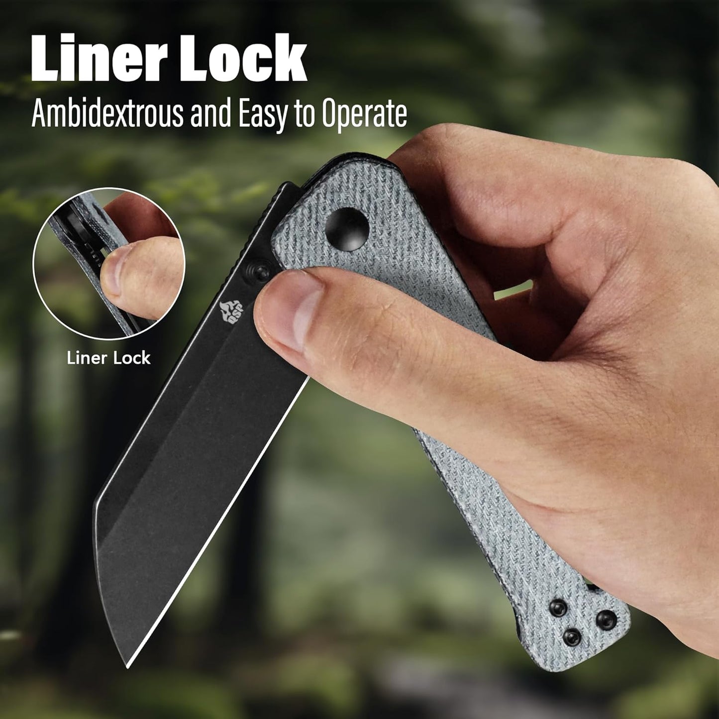 QSP Penguin V2 Folding Pocket Knife, 3.06" D2 Black Stonewash Blade EDC Knife, Denim Micarta Handle, Liner Lock, Ceramic Ball Bearings, Reversible SS Deep Carry Clip