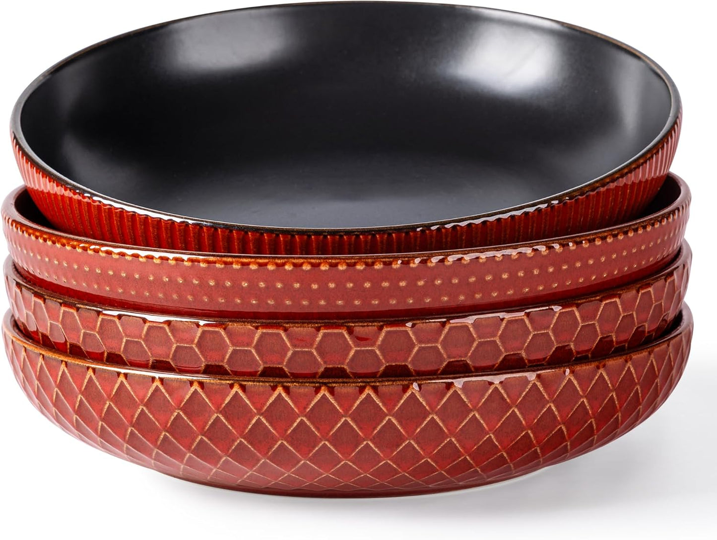 GBHOME 9.5'' Large Pasta Bowls, 42 Ounce Stoneware Salad Bowls for Kitchen, Ceramic Serving Bowls With Textured Pattern for Pasta,Fruit, Stews,Noodle, House-warming Gift, Set of 4-Rythmic Red