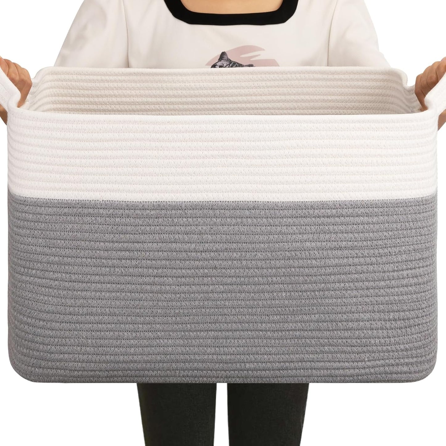 OIAHOMY 65L Blanket Basket, Cotton Rope Woven Blanket storage for Living Room, Rectangle Woven Baskets for Storage, 20''×16''×12'', Grey and White