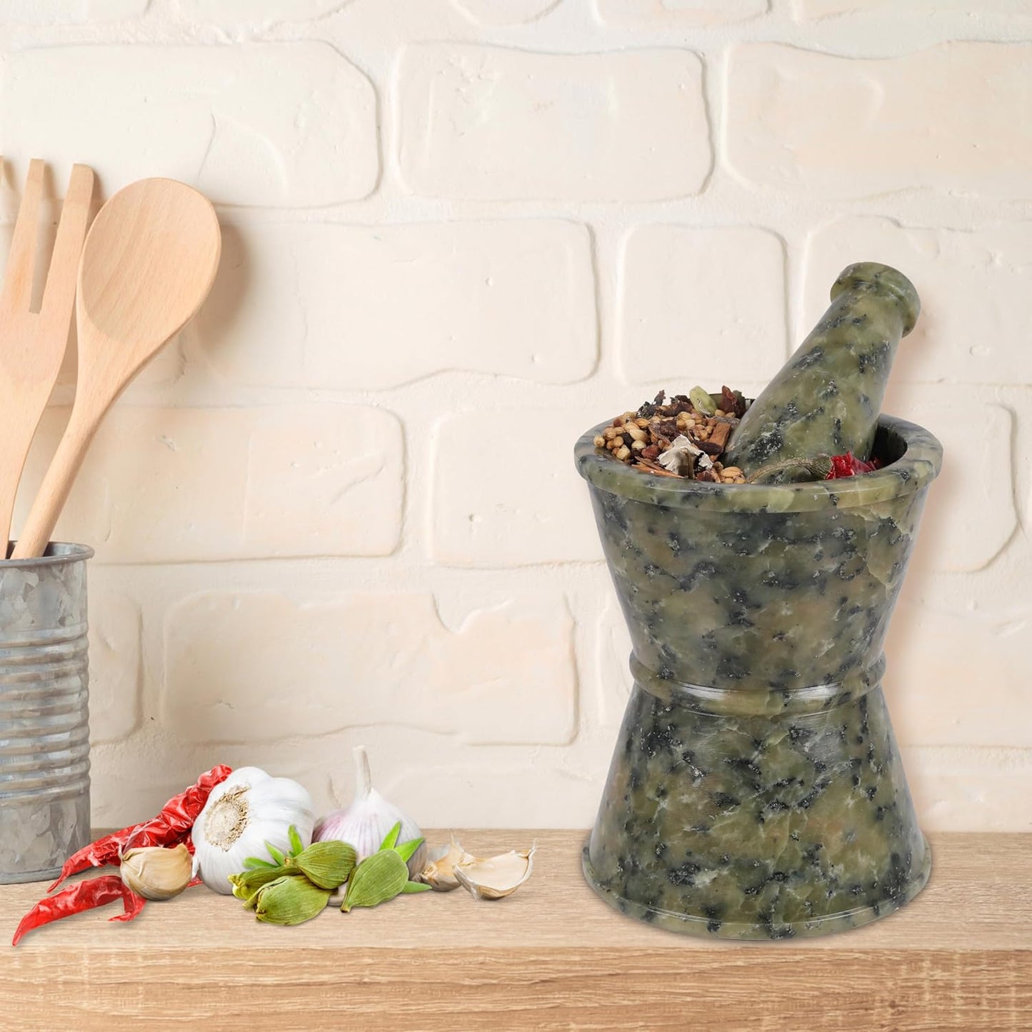 Mortar and Pestle, Made of Heavy Duty Polished Hard Stone, Natural Stone Grinder for Spices, Pastes, Herbs, Seasoning etc. (Drum Shape)