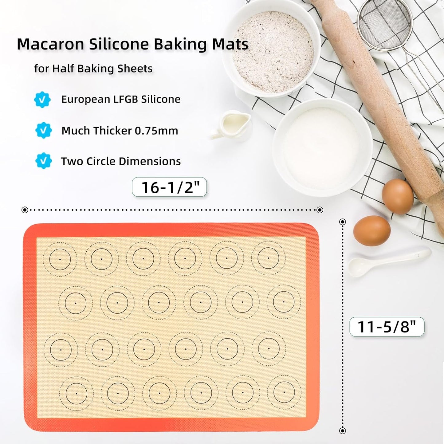 AMYONE Macaron Silicone Baking Mat, 2 PCS Half Sheet Silicone Mats for Baking, Non-Stick Silicone Cookie Sheet Liners for 13 x 18 Sheet Pan for Macaron/Cookie/Bread/Pastry, 11 5/8" x 16 1/2" Orange