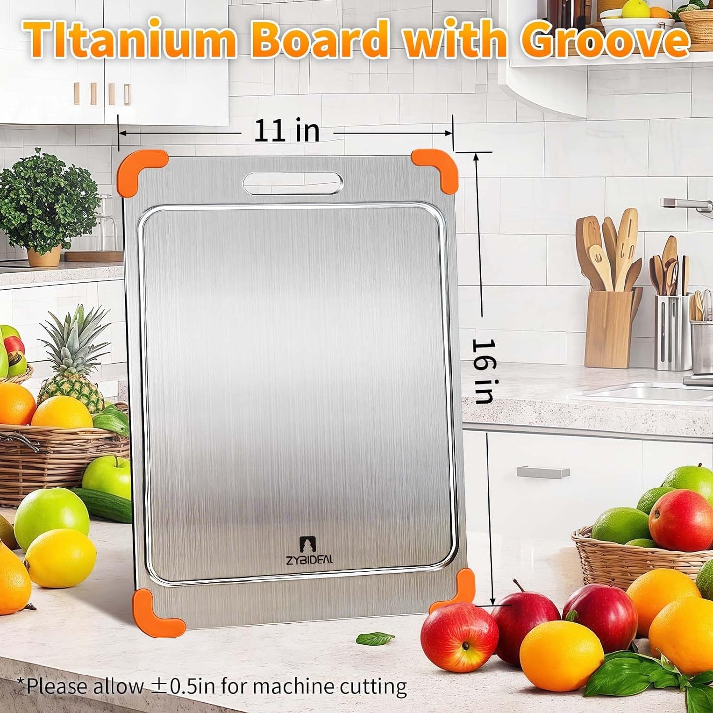 100% Pure Titanium Cutting Board with Grooves, Update Double Side Titanium Chopping Board, Silicone Anti-slip Stainless Cutting Boards for Kitchen 11 * 15 IN, Orange