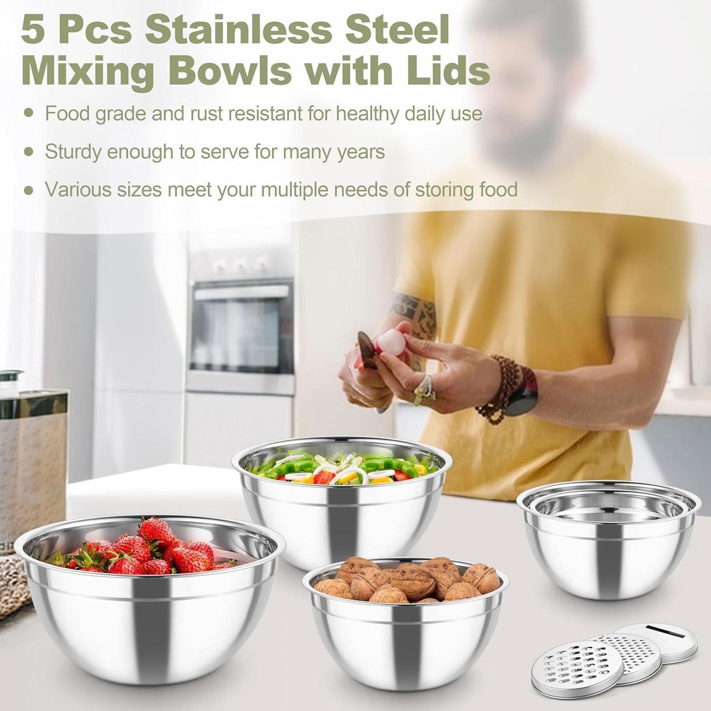 TeamFar Mixing Bowls, Stainless Steel Salad Serving Bowl with Clear Lids & 3 Graters, For Kitchen Cooking Prepping Storing, Size 4.6/2.6/1.5/1/0.7 QT, Nesting & Airtight, Set of 5 & Khaki