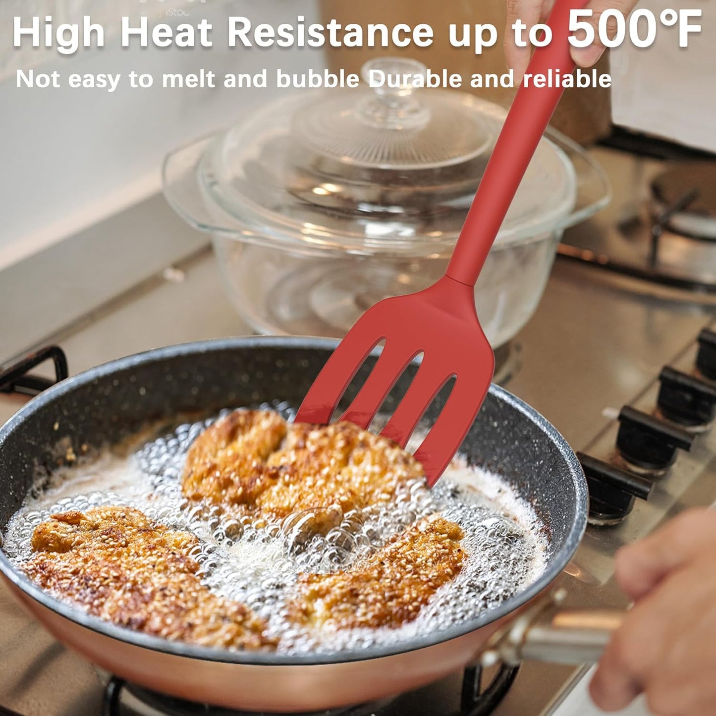 Coukre Silicone Spatula Set of 3, High Heat Resistant, BPA-Free, Kitchen Utensils, Fish Spatula, Solid & Slotted Turner for Non-Stick Pans, Flipping Eggs, Pancakes, Fish, Burgers (3, PureRed)