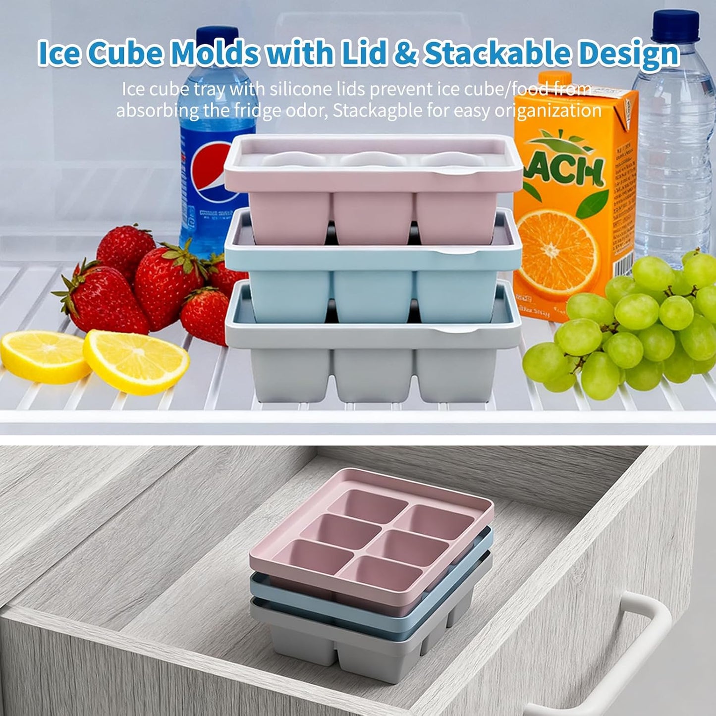 Large Silicone Ice Cube Tray Set of 3, Easy Release 6 Flexible Silicone Ice Cube Molds with Removable Lid, Reusable Freezer Stackable Ice Trays for Whiskey, Baby Food, No Floater, BPA Free