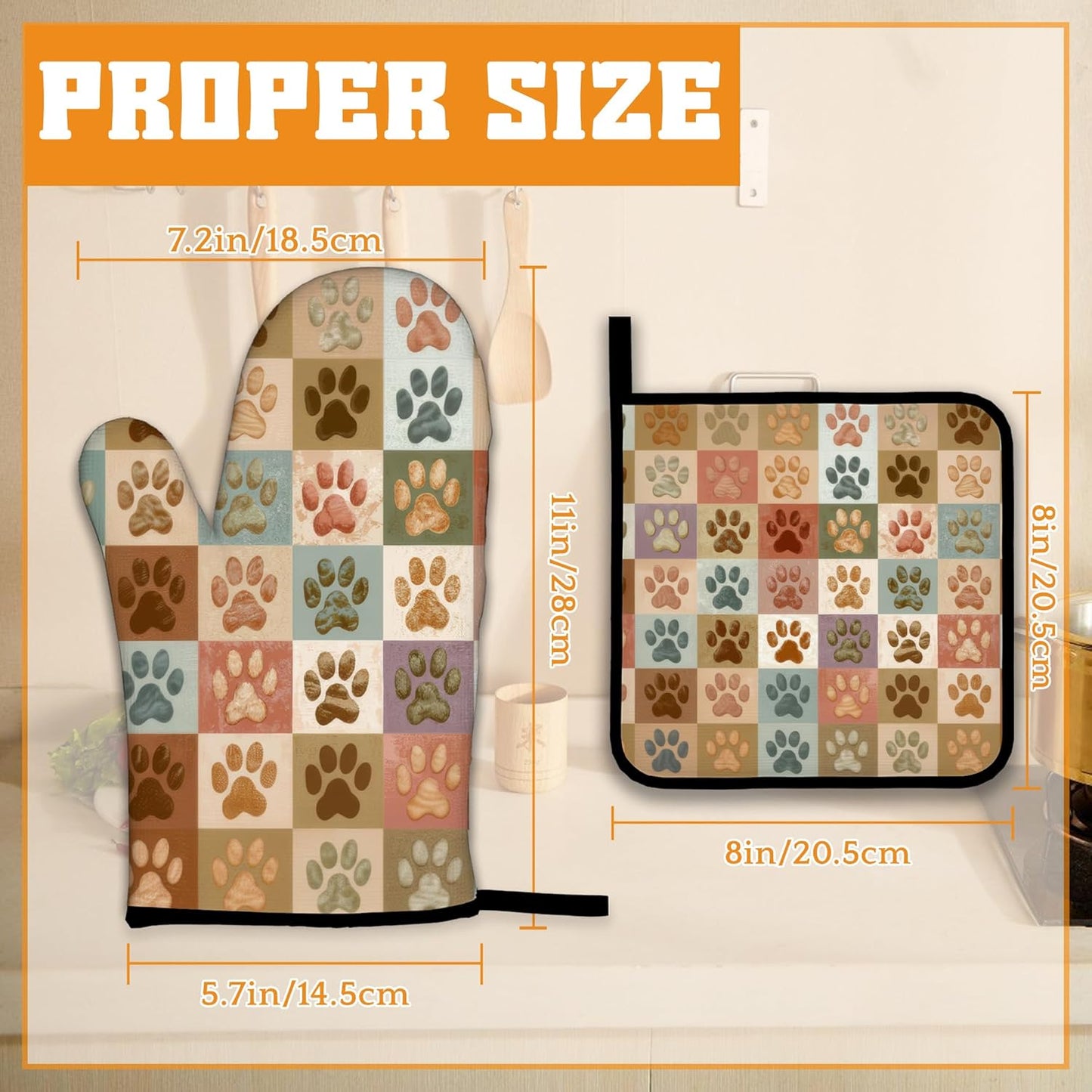 Vintage Dog Cat Paws Oven Mitts and Pot Holders Set,Kitchen Oven Gloves and Pot Holder with Heat Resistant Non Slip for Cooking Baking Grilling(4 Piece Set)