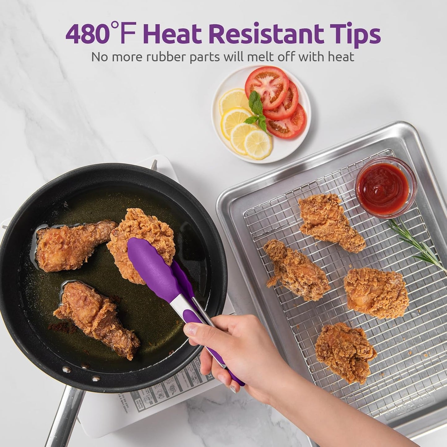 Heat Resistant Silicone Kitchen Tong: U-Taste 9 inch 480ºF Hot Proof Cooking Tong with Firm Sealed Non Stick Rubber Tips & Silicon Coated Steel Handle & Smooth Locking for Serving Grill Salad (Purple)
