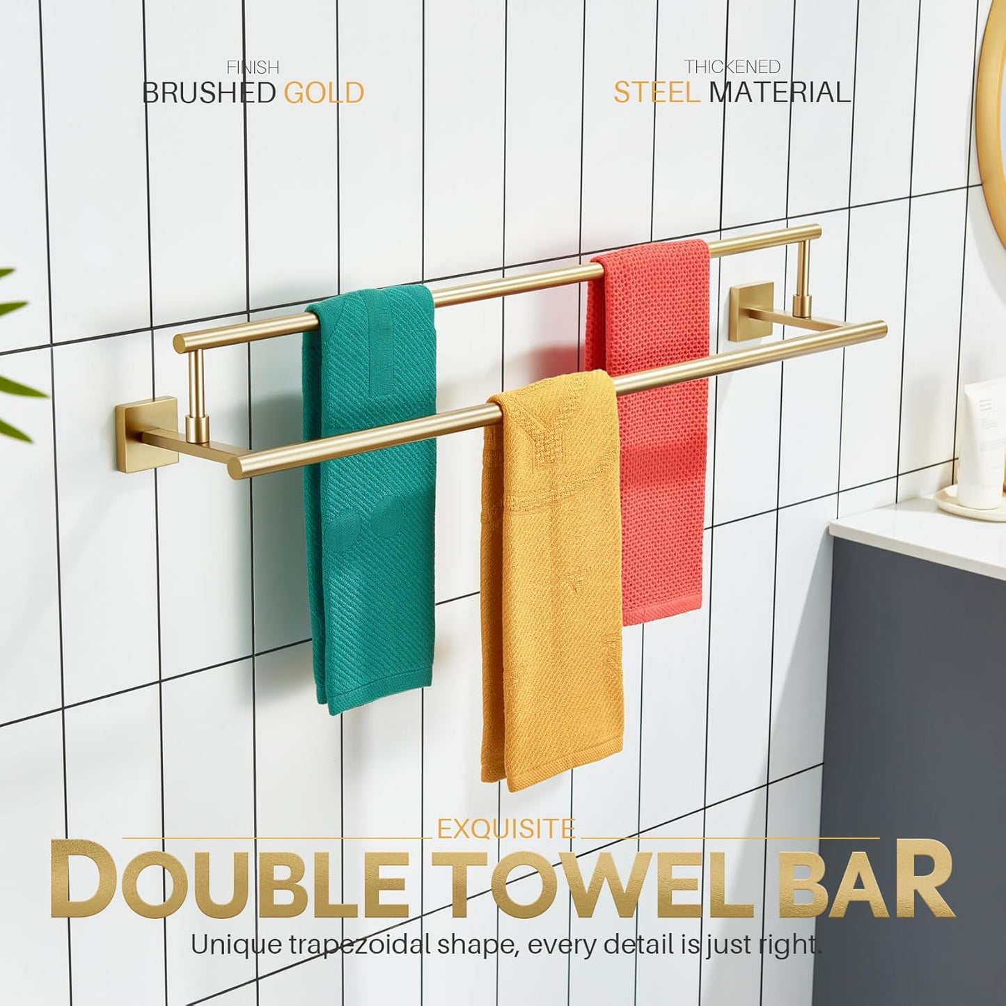 KOKOSIRI Bath Towel Bars 32-Inch Double Towel Rails Overlength Bathroom Racks for Cabinet Kitchen Brushed Gold Stainless Steel B5009BG-L32