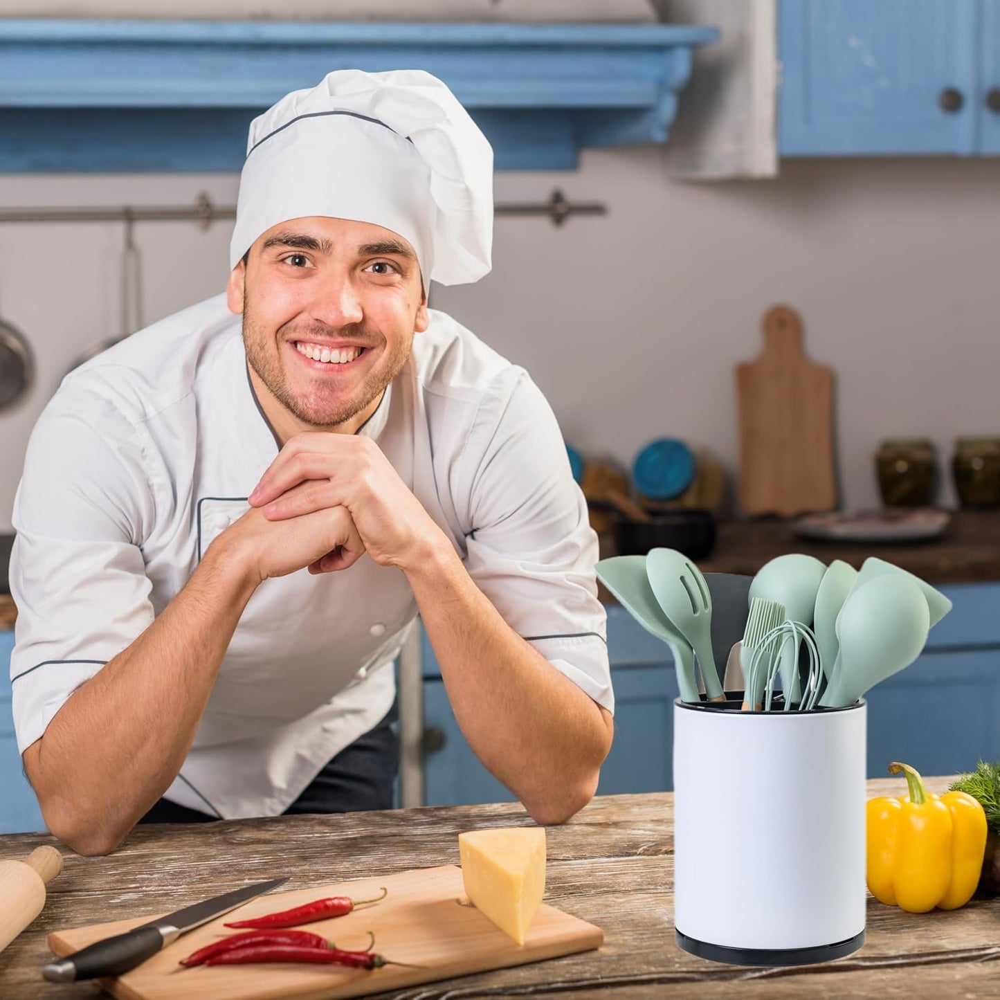 Kitchen Utensil Holder Extra Large 360°Rotating For Counter Organizer Stainless Steel Storage Cooking Silverware Caddy 3 Compartment Flatware Spoon Spatula Tool Cutlery Container(White)