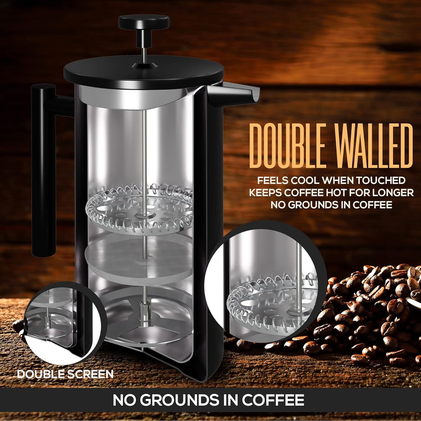 Utopia Kitchen Stainless Steel French Press Coffee Maker 50 Oz, French Press Tea Maker, Cold Brew Portable Travel Coffee Presses, Tea Press Gifts Black