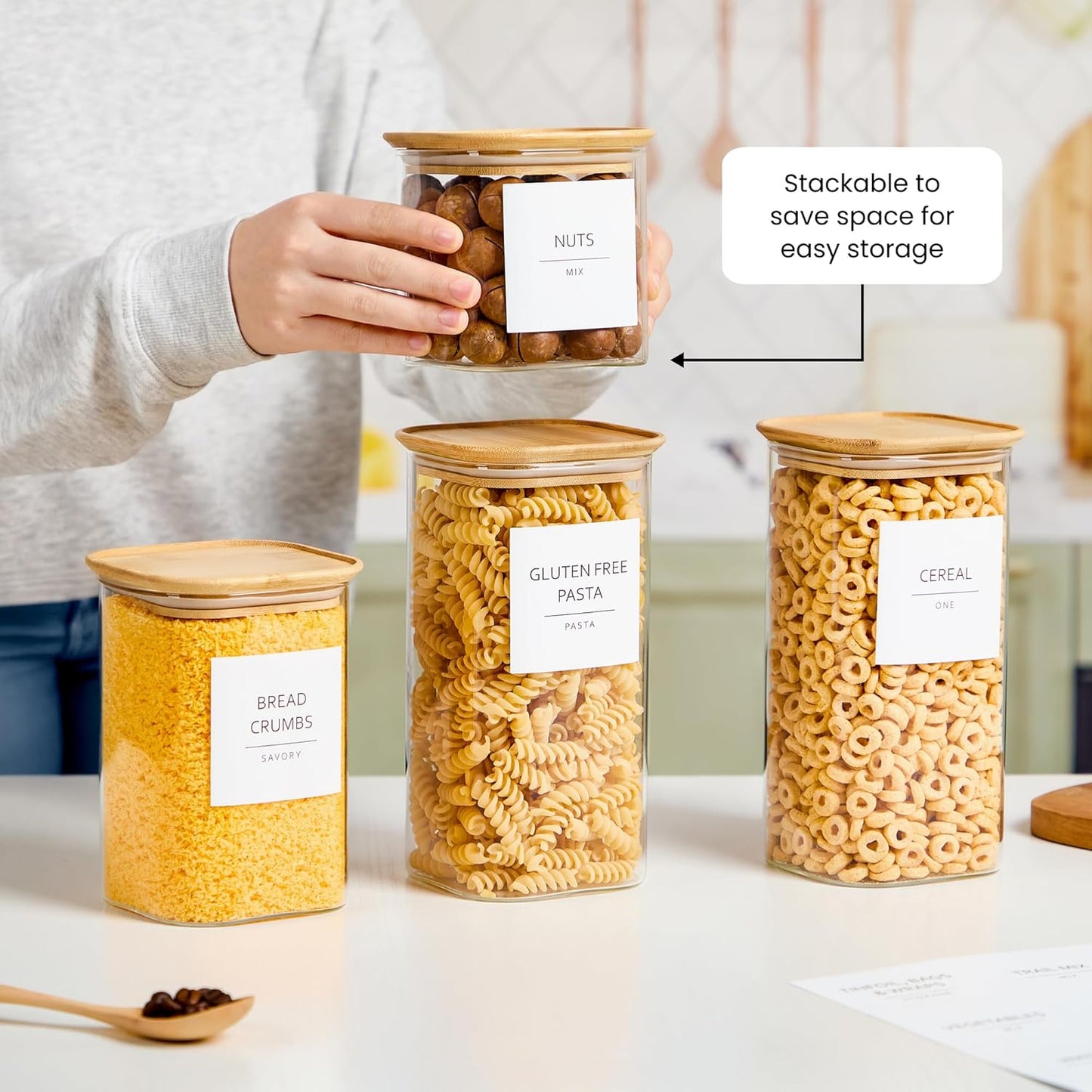 Talented Kitchen Square Glass Food Storage Containers - Airtight & Labeled Glass Kitchen Storage Containers - Space-Saving Stackable Square Pantry Jars - Pack of 6, 24/37/51 fl oz