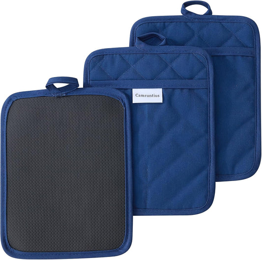 Kitchen Pot Holders, 7"x9", Rectangular with Pocket, Cotton and Neoprene Heat-Resistant Potholders for Cooking and Baking, Machine Washable, 3-Piece Set (Navy Blue)