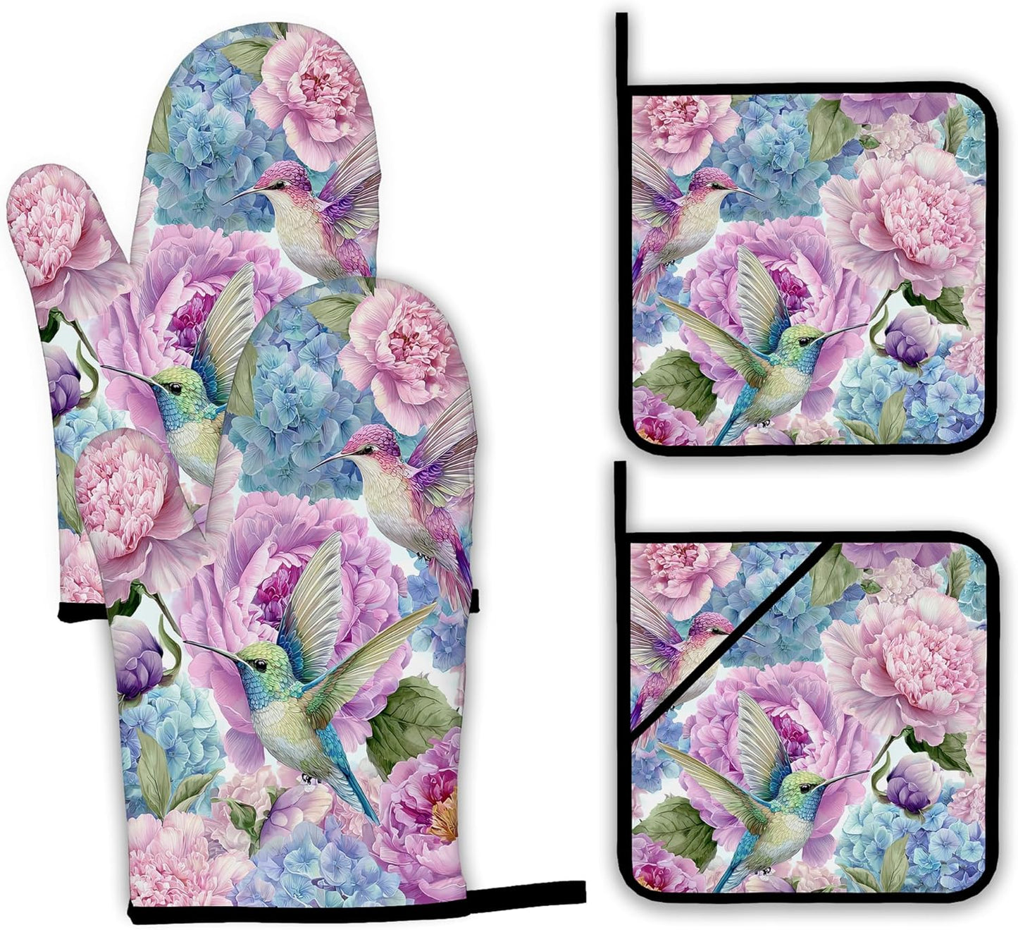 Hummingbird Oven Mitts and Pot Holders Set,Pink Flower Floral Kitchen Decor Heat Resistant Non Slip Hot Pads and Oven Mitt for Chef Cooking Baking BBQ Mom Girl Gifts(4 Piece Set)