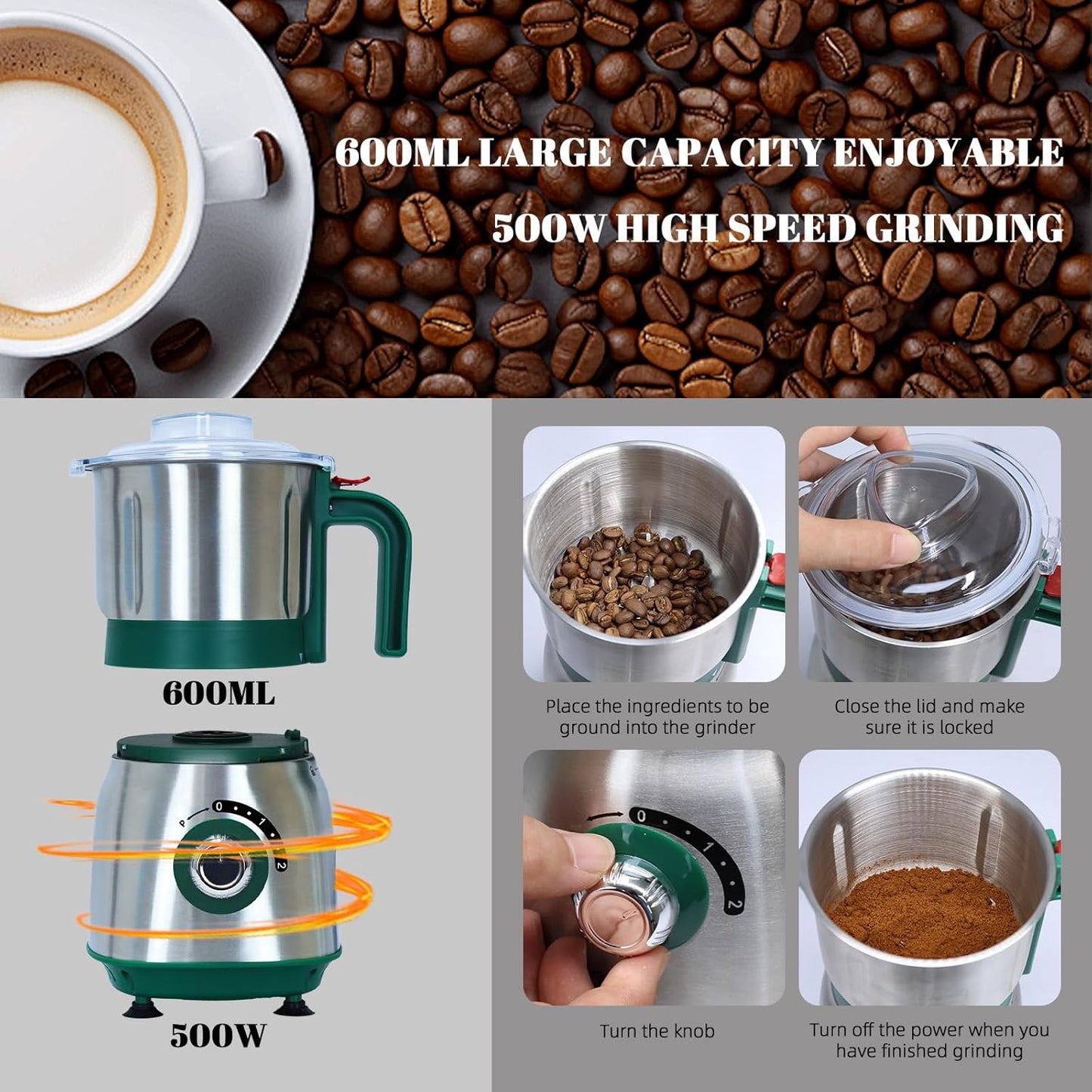 Versatile Kitchen Grinder | 500W Electric Mill | Grinds Spices, Nuts, Grains, Coffee | 3 Stainless Steel Blades | Wet & Dry Use (Green)