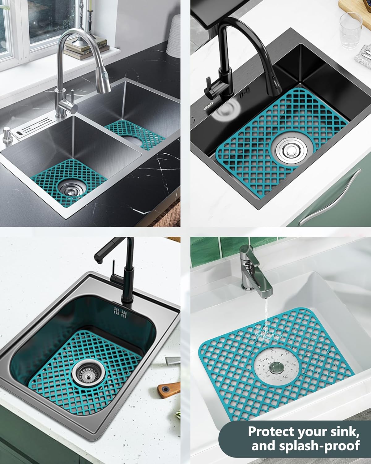 2 Pack Silicone Sink Protector for Kitchen Sink, Lozenge Pattern 13 x 11 inches Sink Grid Mat Silicone Protectors, Center Drain, Green