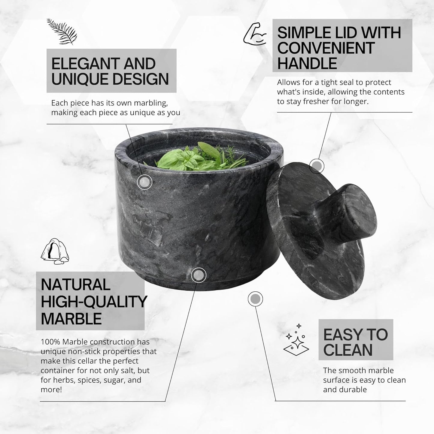 Flexzion Marble Salt Cellar with Lid - Salt and Pepper Bowls Dish Container for Kitchen - Marble Pepper Jar Storage Box Holder for Paprika, Herbs, Sugar, Jewelry & Watches (Set of 2, Black & White)