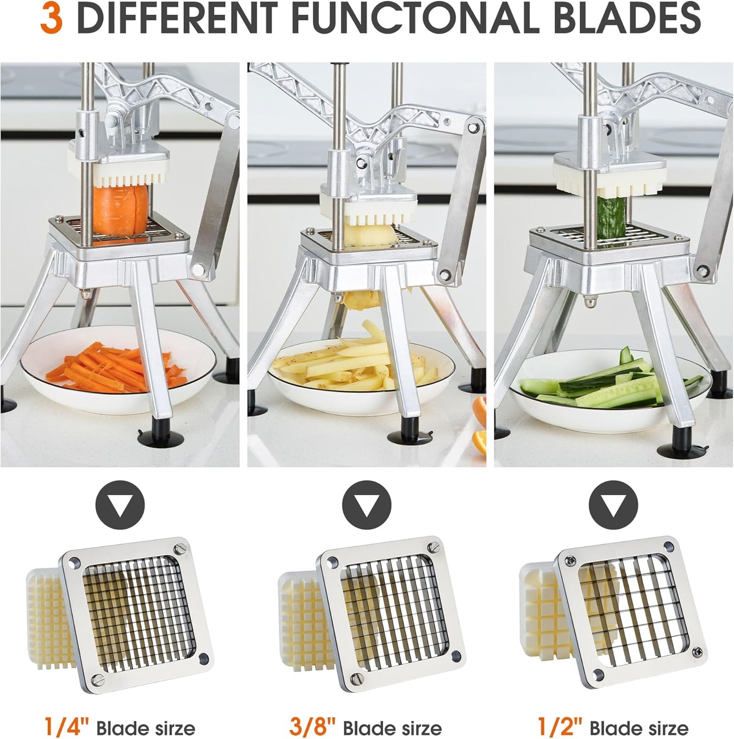 Commercial Vegetable Chopper Potato Dicer & Fruit Slicer, Stainless Steel French Fry Cutter with 3 Replacement Blades(1/2 Inch, 3/8 Inch and 1/4 Inch Blades) for Restaurants & Home Kitchen