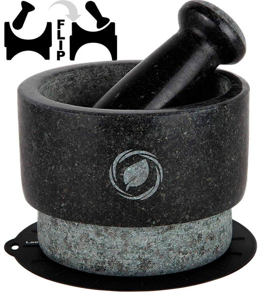 Laevo Mortar and Pestle Large Set - Black Granite Stone Spice Grinder, 2.1 Cup Capacity, 5.5 Inches - Reversible Molcajete Mexicano - Guacamole, Spices - Large Mortar and Pestles Set
