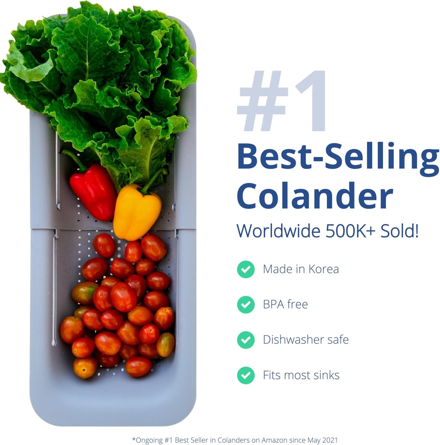 BLUE GINKGO Over the Sink Colander Strainer Basket - Wash Vegetables and Fruits, Drain Cooked Pasta and Dry Dishes - Extendable - New Home Kitchen Essentials (7.9W x 14-19L x 2.75H) - Gray