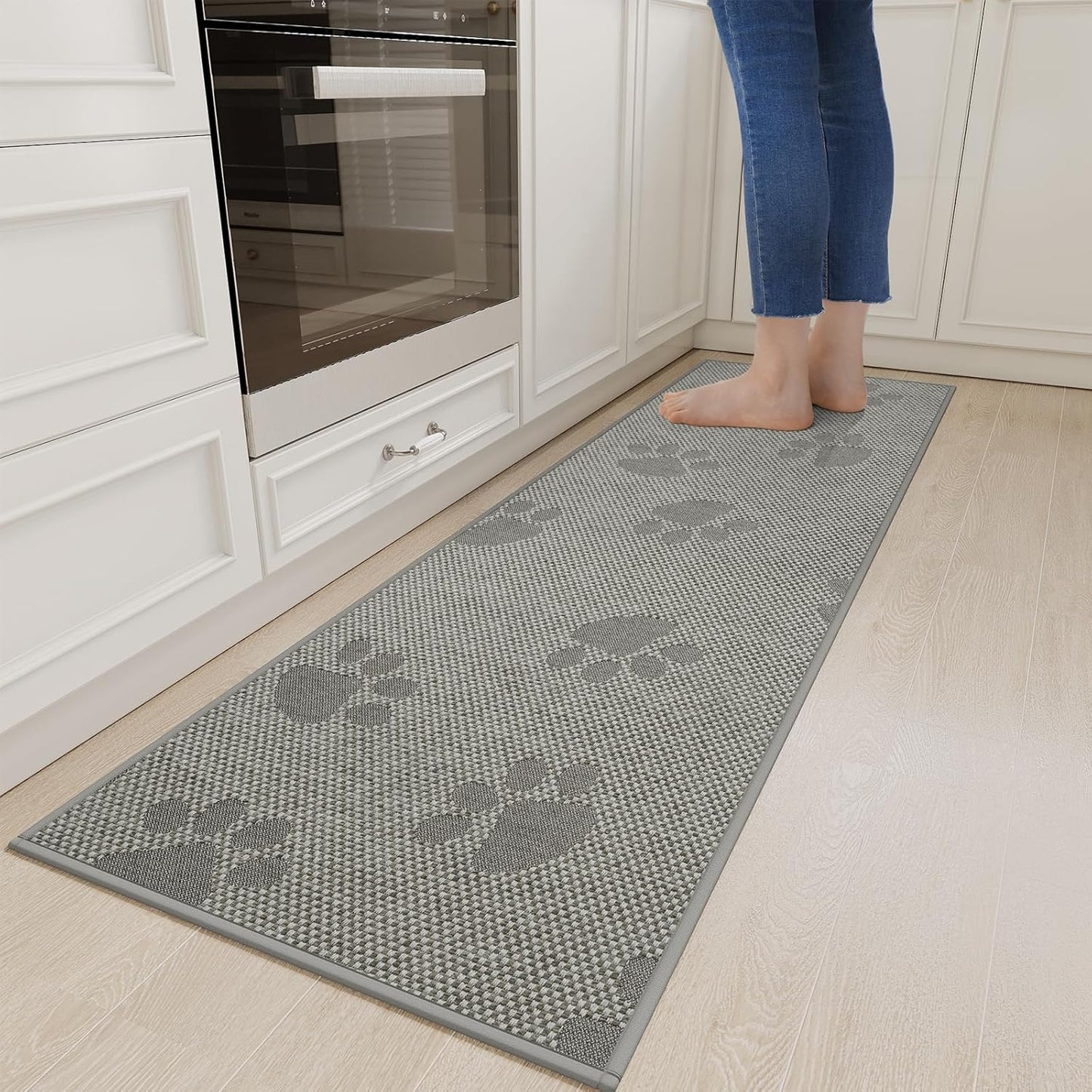 Non-Slip Kitchen Mats for Floor, Soft Woven Linen Embroidery Kitchen Runner Rug - Super Absorbent Washable Kitchen Sink Mat with Rubber Backing for Office & Home Gray 17x59