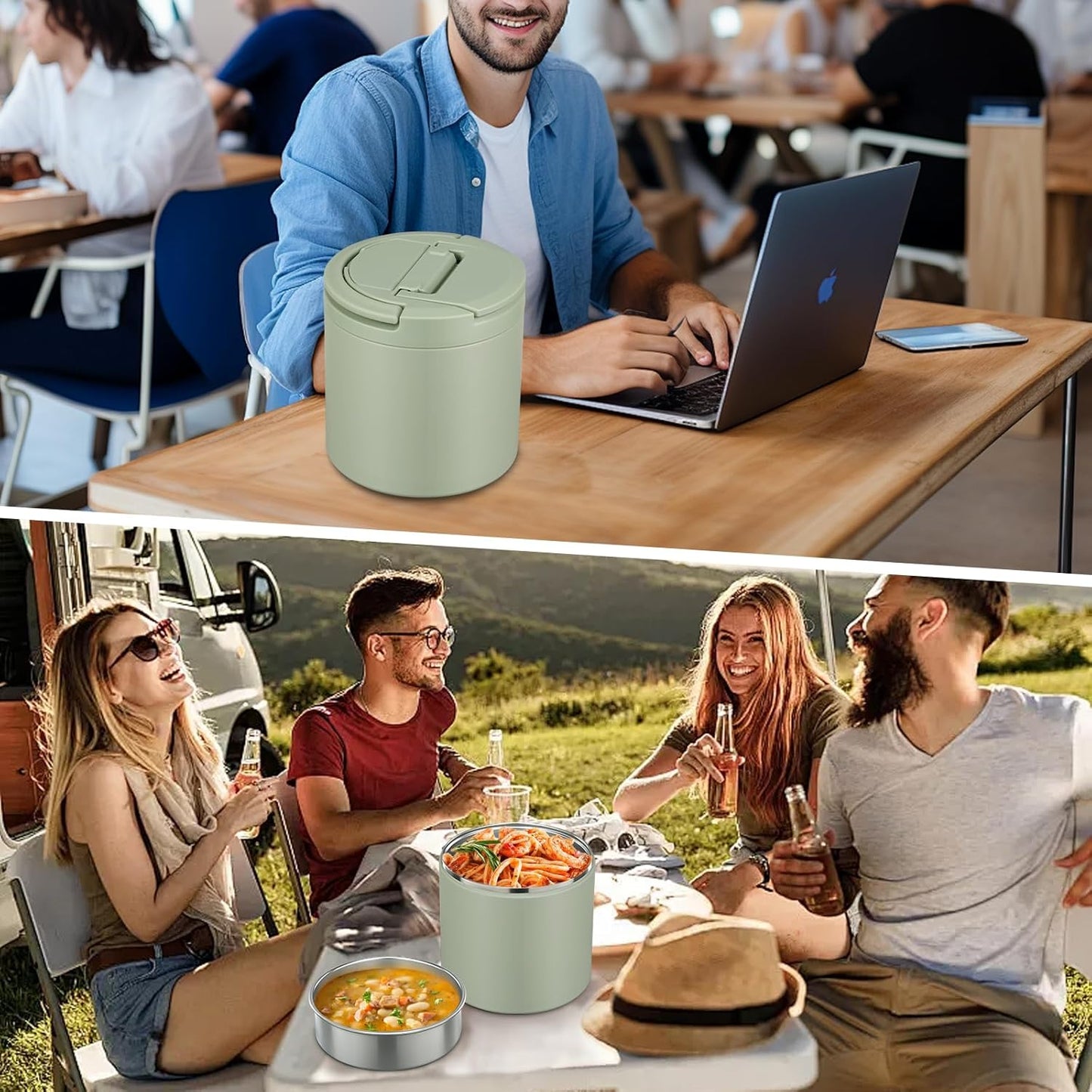 Soup Thermo for Hot Food Adults 40oz Lunch Containers Wide, Thermo Insulated Containers Leak Proof Vacuum Stainless Steel With Carry Handle and Spoon BPA Free (Green)