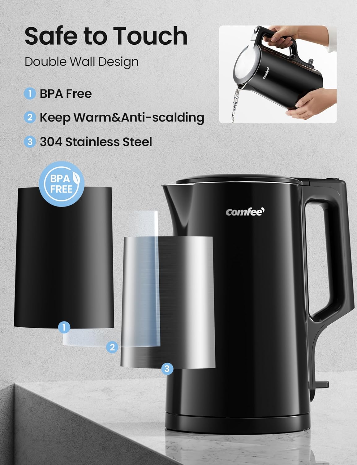 COMFEE' 1.7L Double Wall Electric Tea Kettle and Kettle Water Boiler, 100% Stainless Steel Interior & Lid & Spout, Two-Level Wide Open Lid, 1500W Fast Boiling, Auto-Off and Boil-Dry Protection
