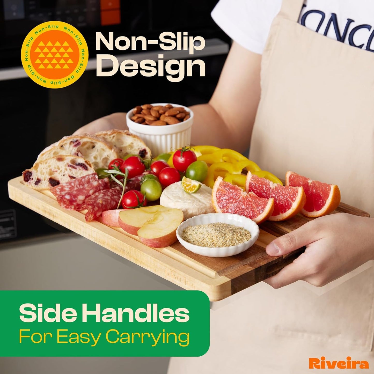 Riveira Acacia Wood Cutting Board – Gourmet Acacia Grandeur: 15 x 10 Wooden Cutting Board – Natural Wooden Cutting Boards For Kitchen Decorative – Innovative Juice Grooves Acacia Wooden Chopping Board