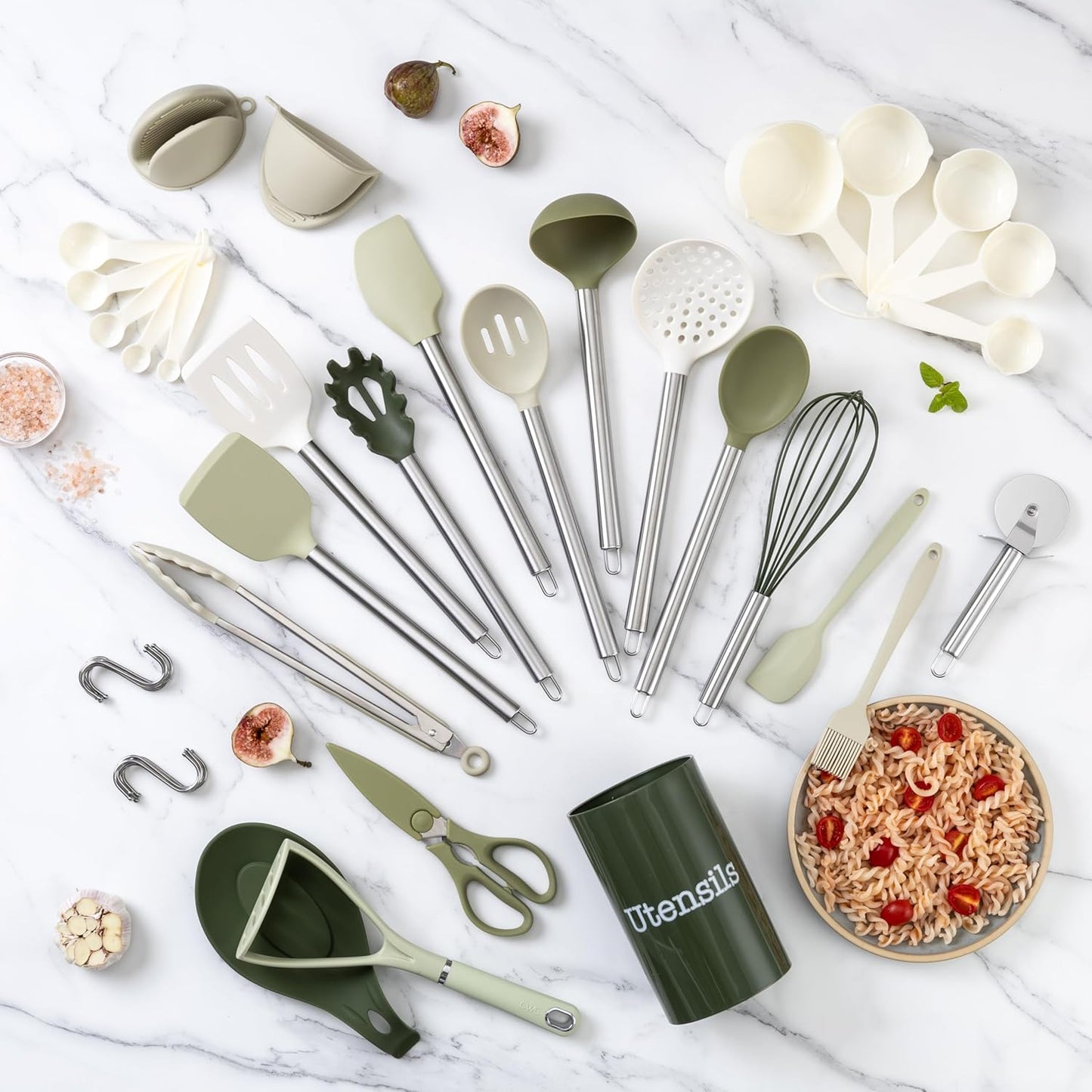 COOK WITH COLOR Silicone Cooking Utensils, Kitchen Utensil Set, Easy to Clean Silicone Kitchen Utensils, Cooking Utensils for Nonstick Cookware, Kitchen Gadgets Set, 38 Piece, Green
