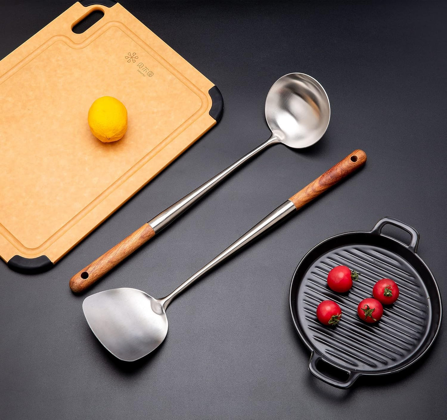 FJNATINH Wok Spatula and Ladle Tool Set, 17inches Spatula for Wok, 304 Stainless Steel Spatula Soup Ladle