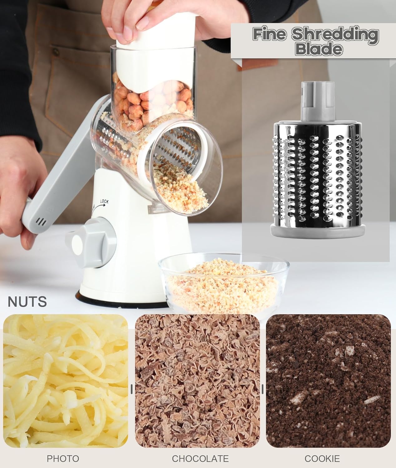 Ourokhome Rotary Cheese Grater Hand Crank, Kitchen Shredder Speed Mandolin Slicer Nuts Grinder with Handle and Drum Blades for Cheese, Vegetable, Walnuts, Chocolate, Potato, Carrot, 3 Blades, White