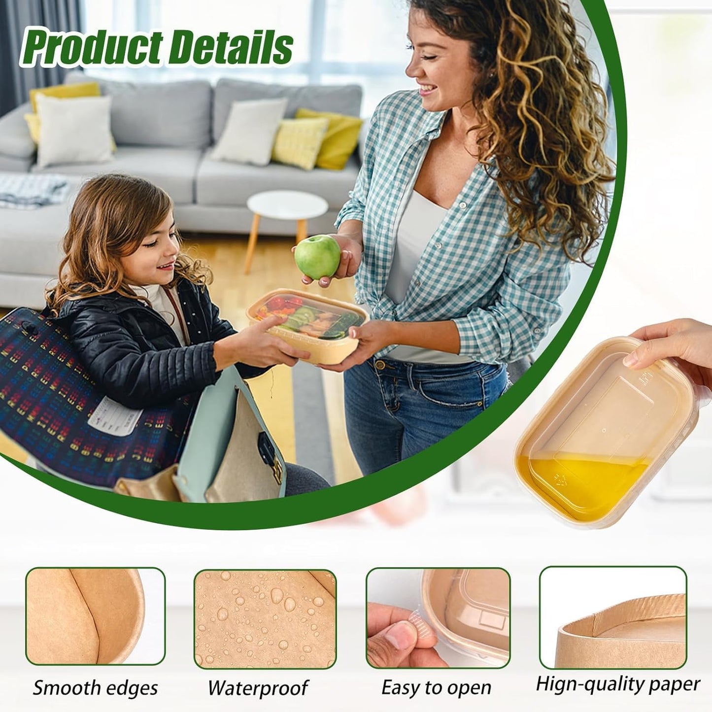 DI QIU REN 50-Pack 25oz Paper Bowls, Disposable Food Containers with Lids and Forks, Rectangular Disposable Salad Bowls for Diet Salad, Pasta (kraft Paper Rectangular, 25oz 50 Count)