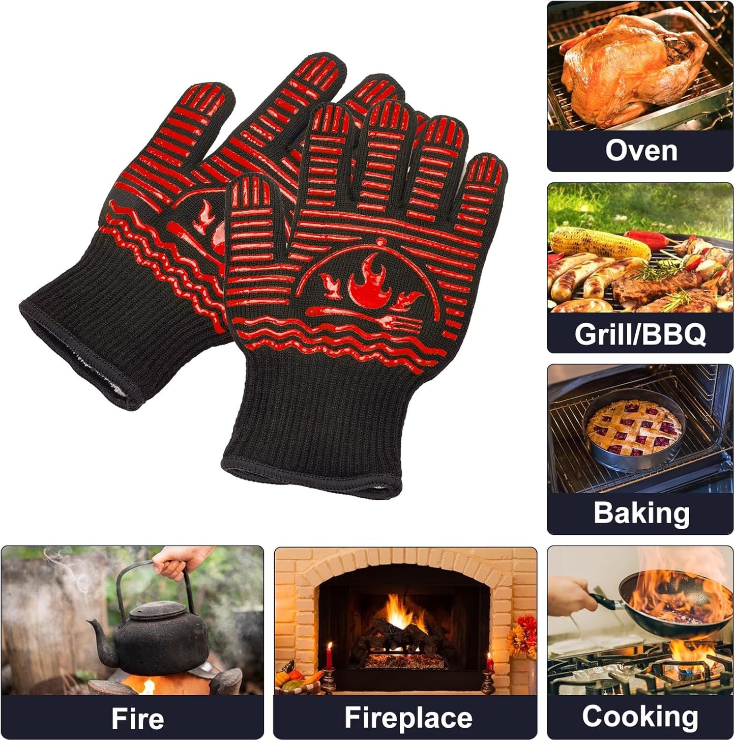 BBQ Gloves, 1472°F Extreme Heat Resistant Grill Gloves, Non-Slip Food Grade Silicone Oven Mitts Gloves for Kitchen, Cooking, Barbecue, Baking, Smoker Red (11inch)