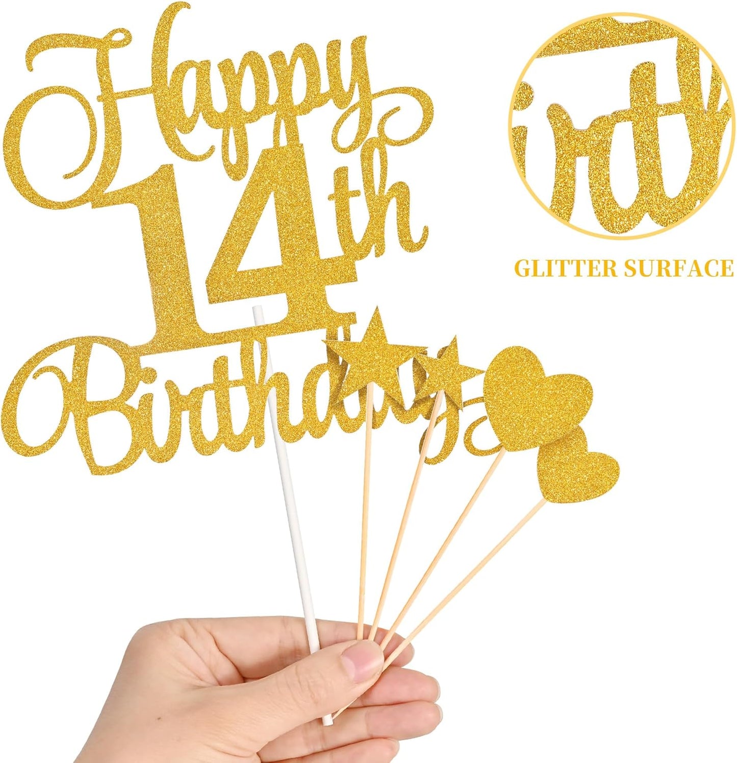 14th Birthday Cake Decorations, 14th Birthday Candles Cake Numeral Candles and Glitter Happy 14th Birthday Cake Toppers Set for Birthday Party Supplies (Gold)