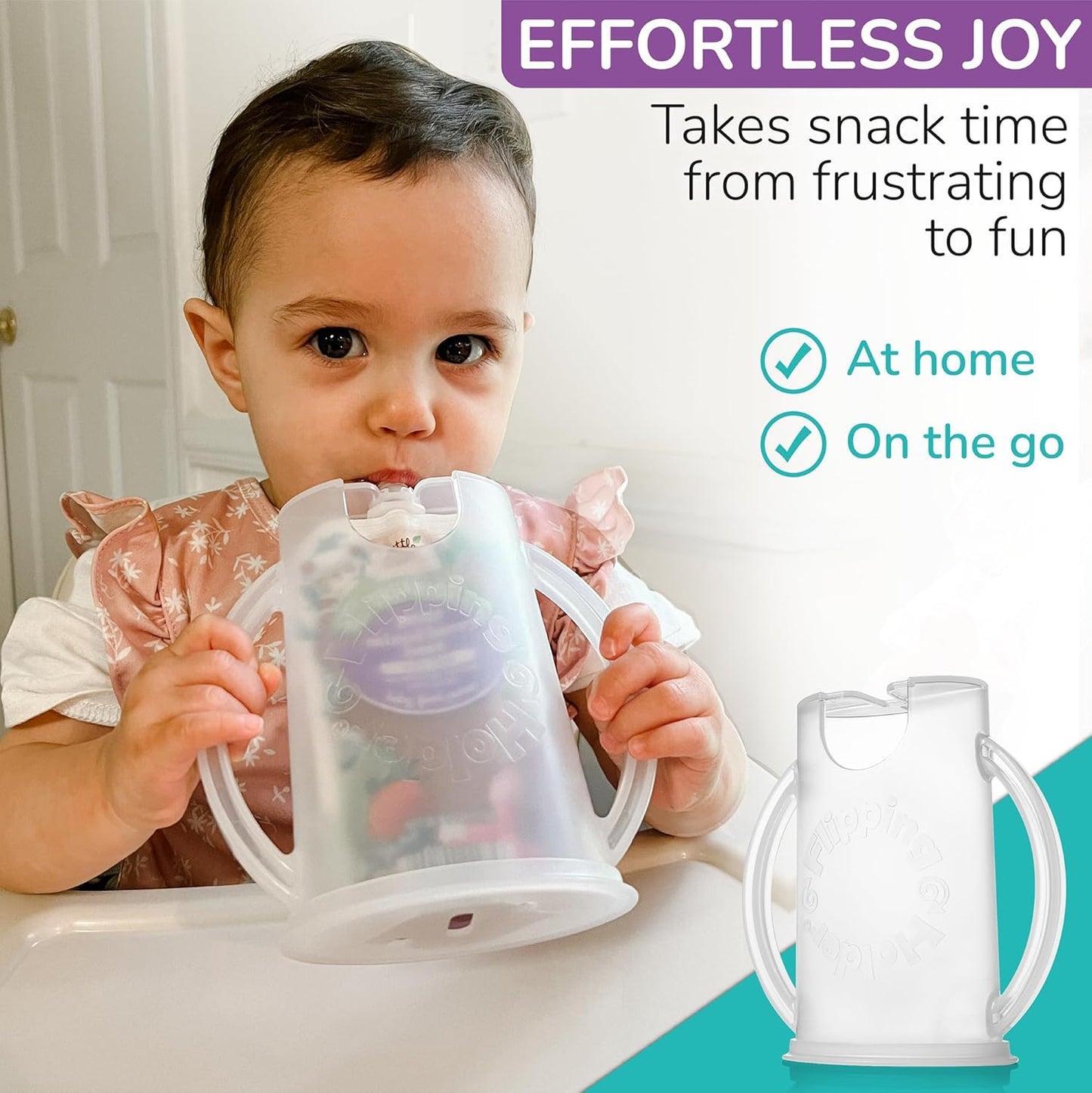 Original Squeeze Proof Flipping Holder with Open Bottom for Food Pouches & Juice Boxes - Multipurpose - Prevent Messes & Support Self-Feeding - Easy Grasping Handles - Made in USA
