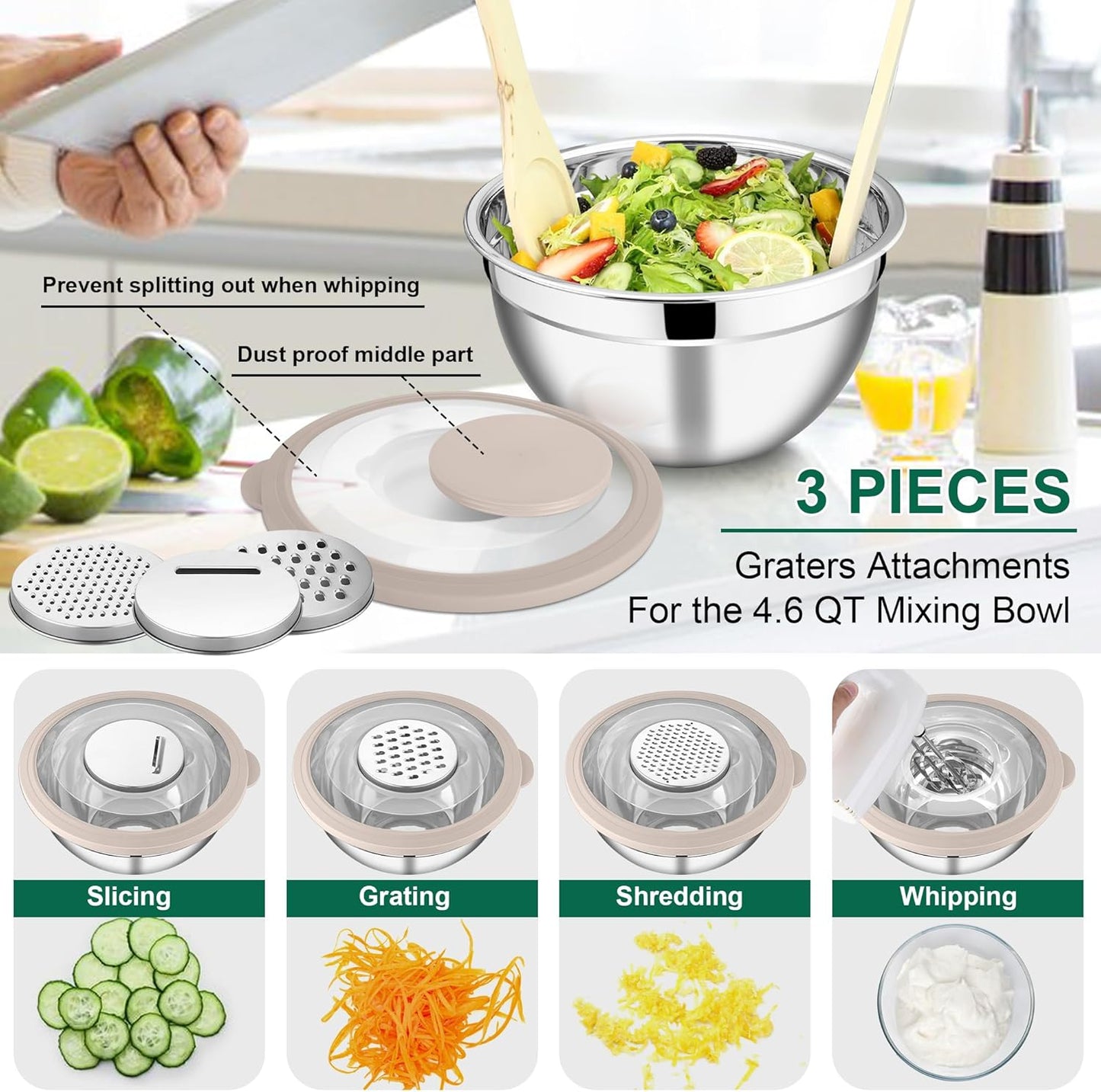 E-far Mixing Bowls with Lids and Graters, Stainless Steel Salad Mixing Bowl with Transparent Lid Set of 3, Metal Nesting Salad Storage for Kitchen Prepping/Serving/Baking, 4.6/2.6/1.5QT - Colorful