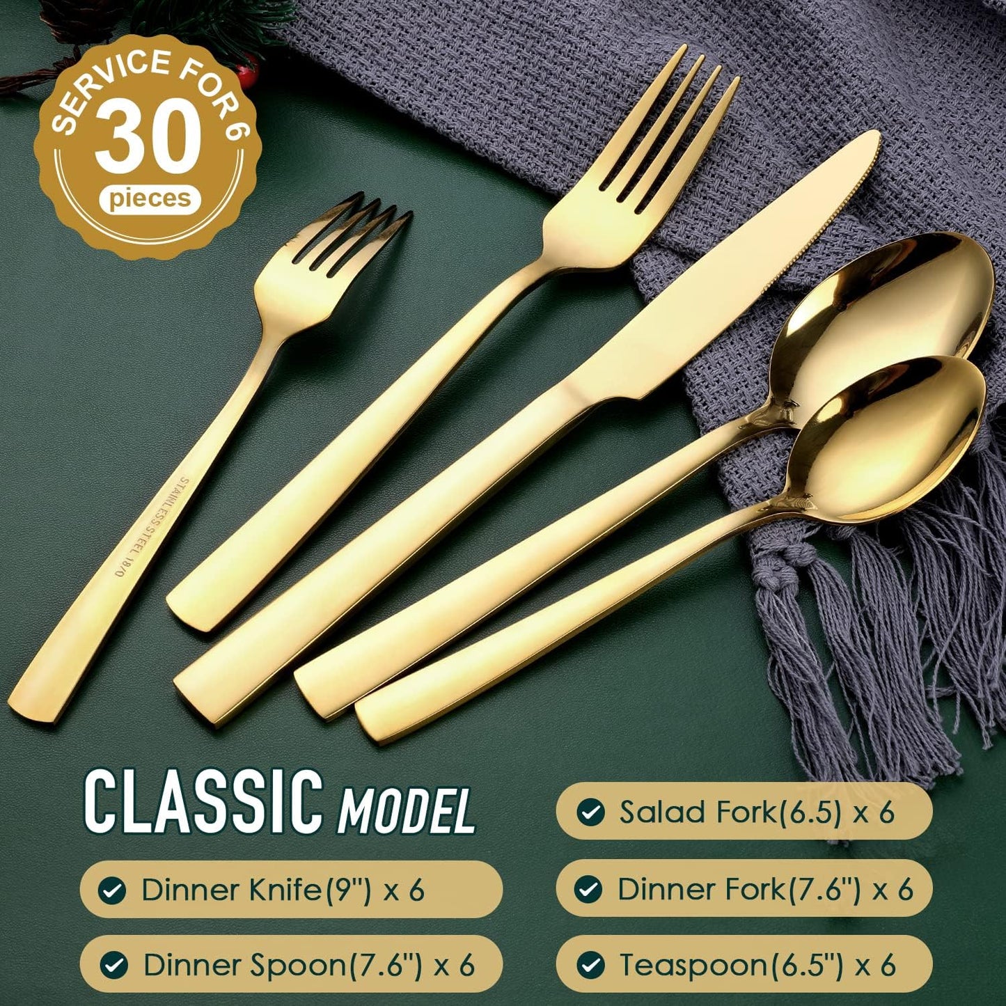 Gold Silverware Set, OGORI 30-Piece Gold Forged Stainless Steel Flatware Set with Square Handle, Service of 6
