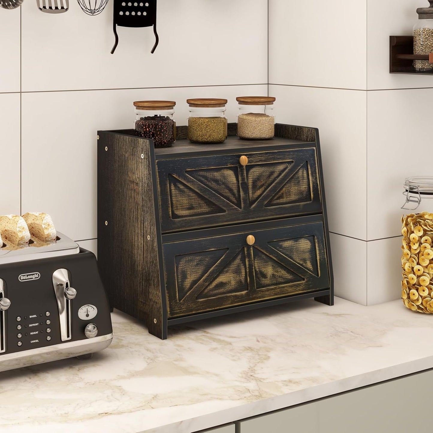 Vintage Double Layer Bread Box for Kitchen Counter Bamboo Bread Storage Container Large Capacity Bread Storage Bin (Antique Black)