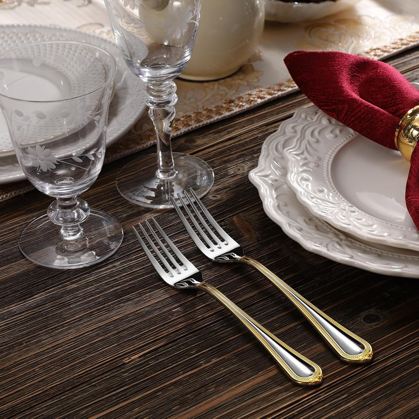 KEAWELL Pearl Edge Premium 45-Piece Refined Bead Silverware Set, 18/10 Stainless Steel, Service for 8, Fine Flatware Set with Serving Utensils, Dishwasher Safe (45, Gold Accent)